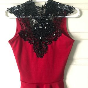Red Peplum and Black Lace Top